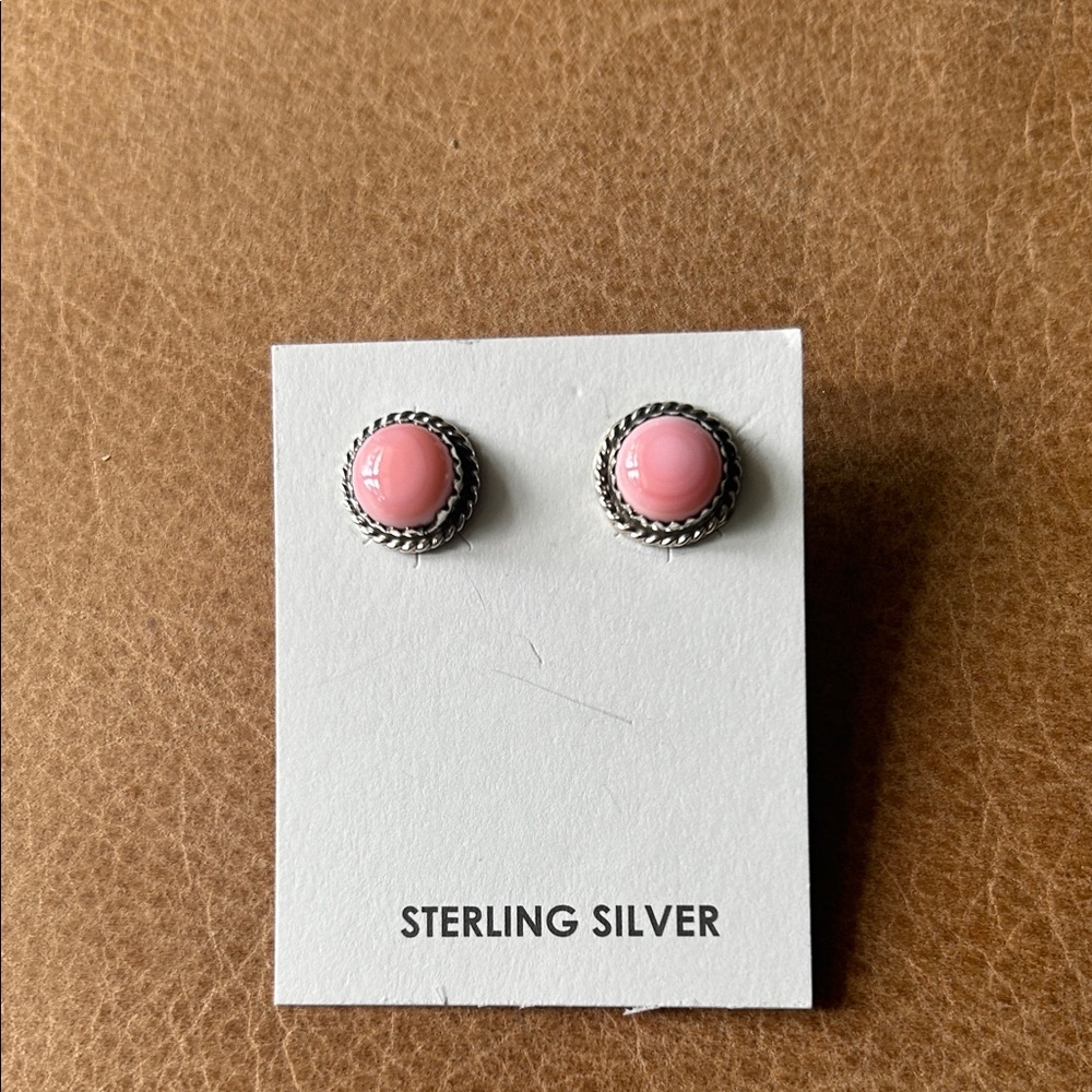 Sterling Silver Pink Cabochon Rope-Edge Stud Earrings
